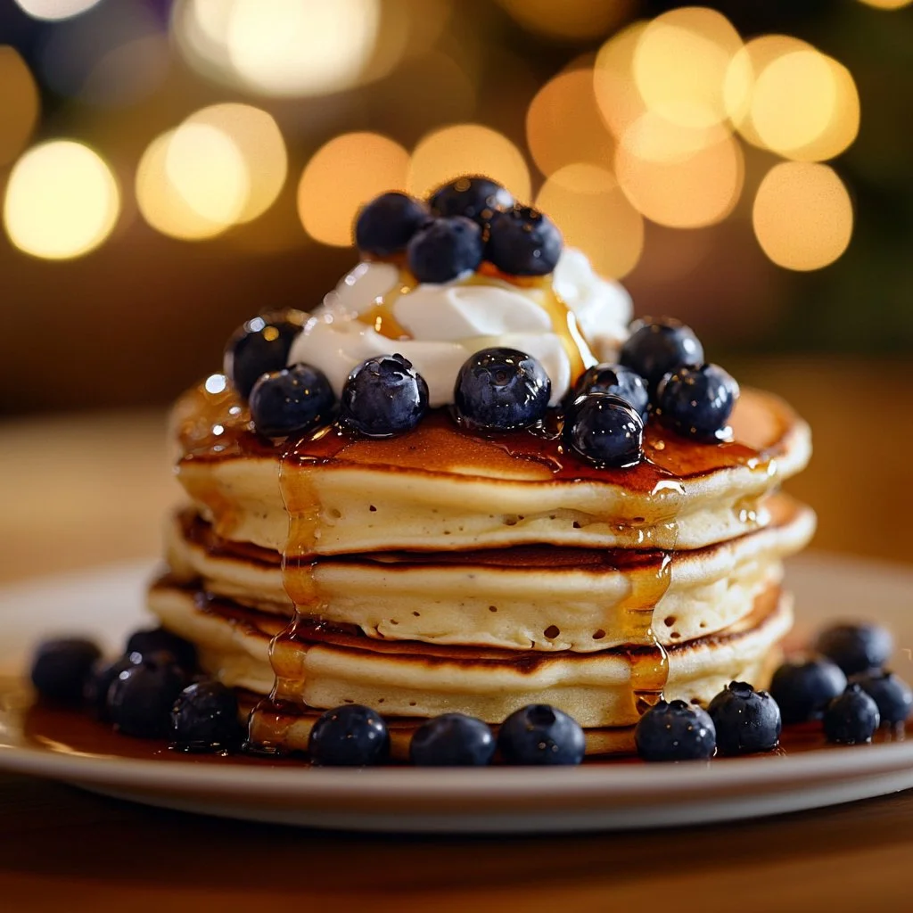Fluffy homemade blueberry pancakes topped with fresh berries and syrup