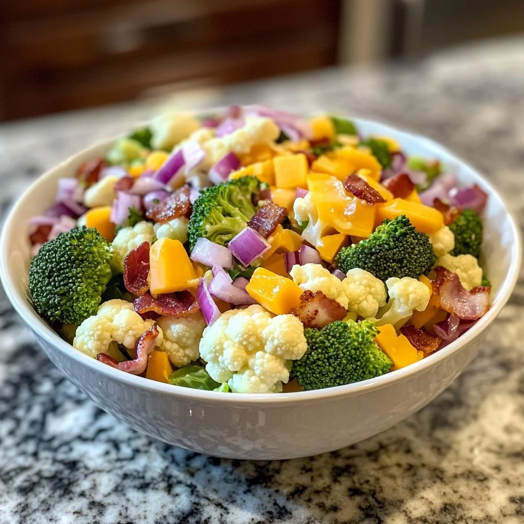 A colorful Broccoli Bliss Salad with fresh vegetables and a light dressing.