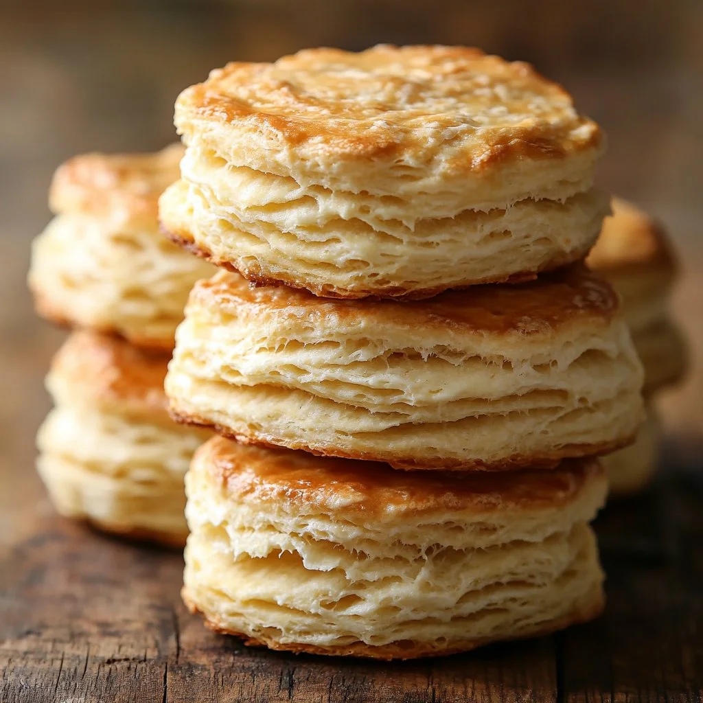 Freshly baked buttermilk biscuits on a rustic wooden table.