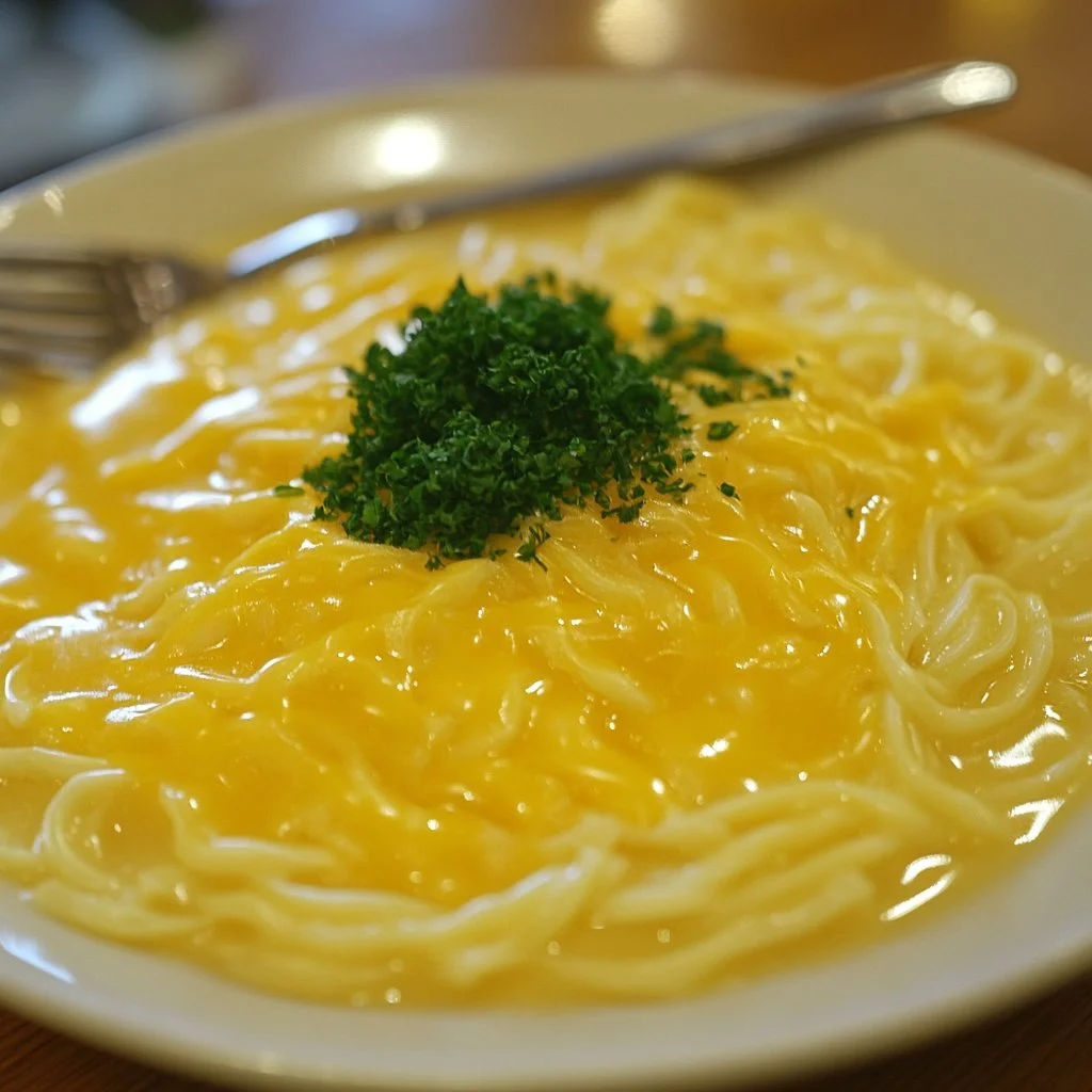 Bowl of Cheese Ramen topped with melted cheese and green onions