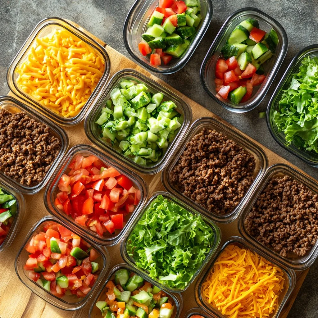 Delicious cheeseburger bowl with fresh toppings and ingredients