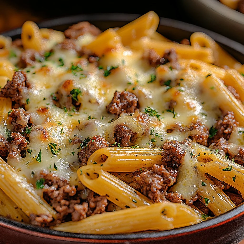 Delicious cheesy beef penne pasta with a creamy sauce and herbs