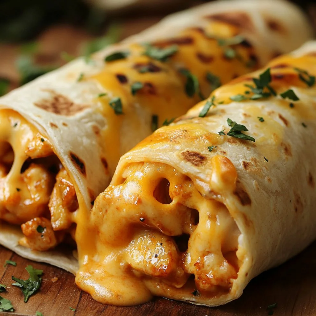 Cheesy chicken wraps loaded with fresh ingredients and melted cheese.