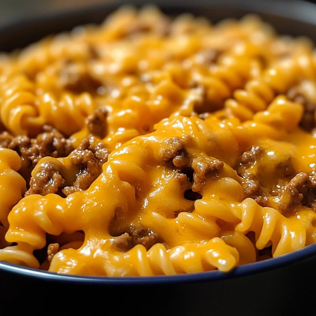 Cheesy Taco Pasta dish with cheese, ground meat, and seasonings in a bowl.