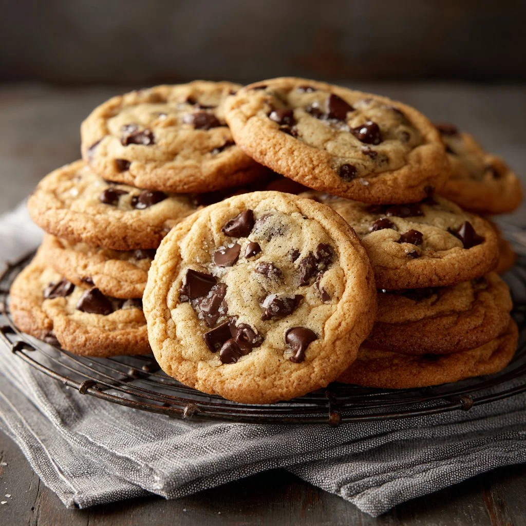 Freshly baked chewy chocolate chip cookies on a cooling rack
