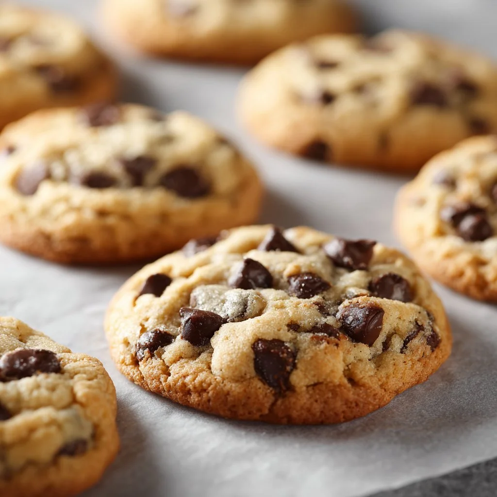 Freshly baked chewy chocolate chip cookies on a cooling rack
