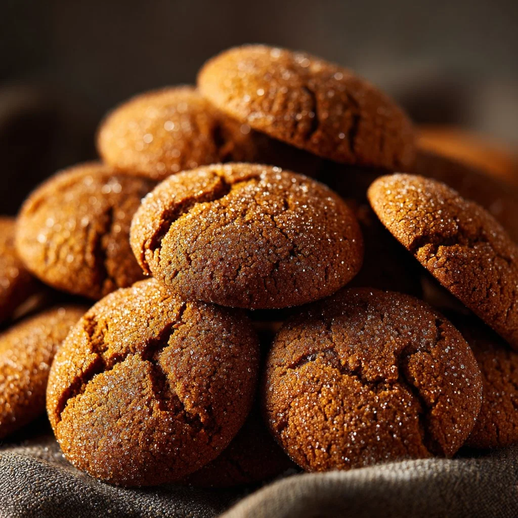 Delicious chewy gingersnap cookies freshly baked on a cooling rack