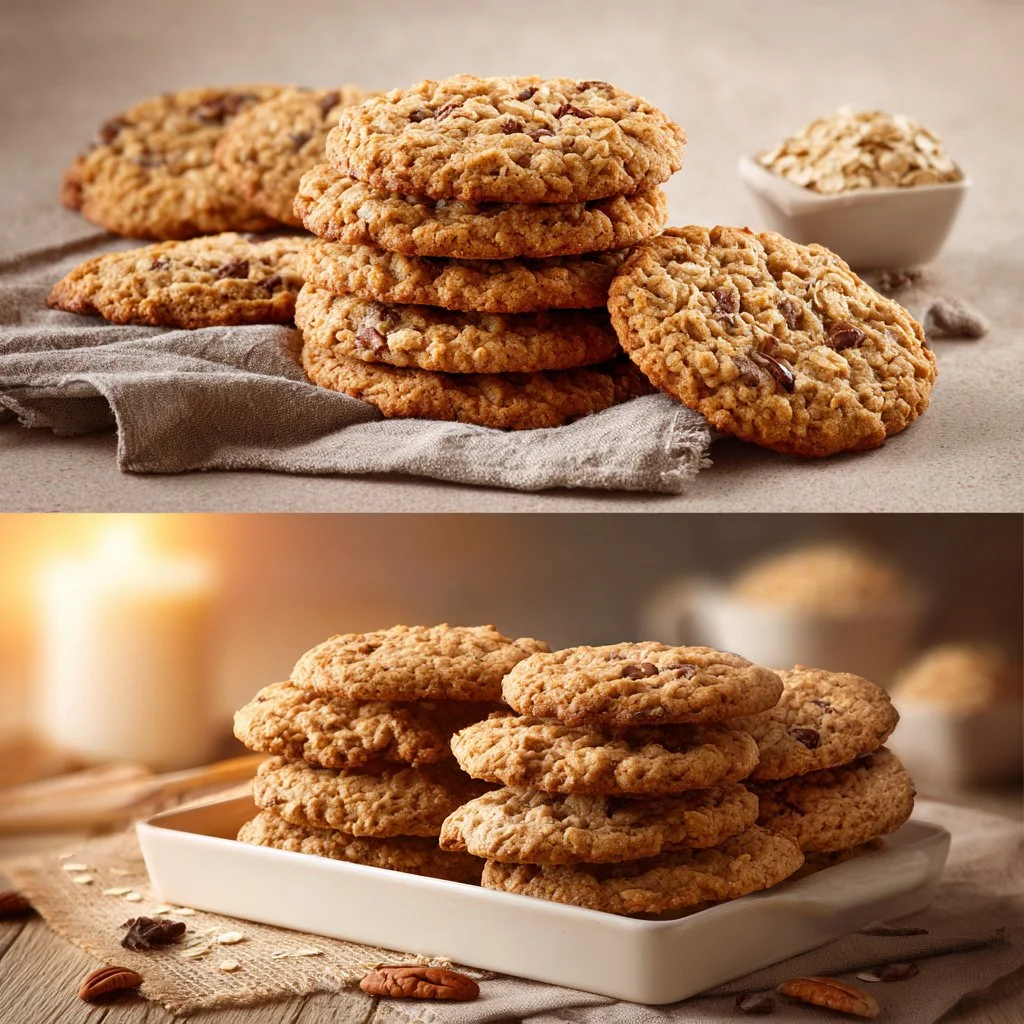 Chewy oatmeal cookies fresh out of the oven, golden brown and delicious.