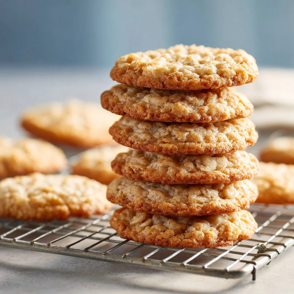 Freshly baked chewy oatmeal cookies on a cooling rack
