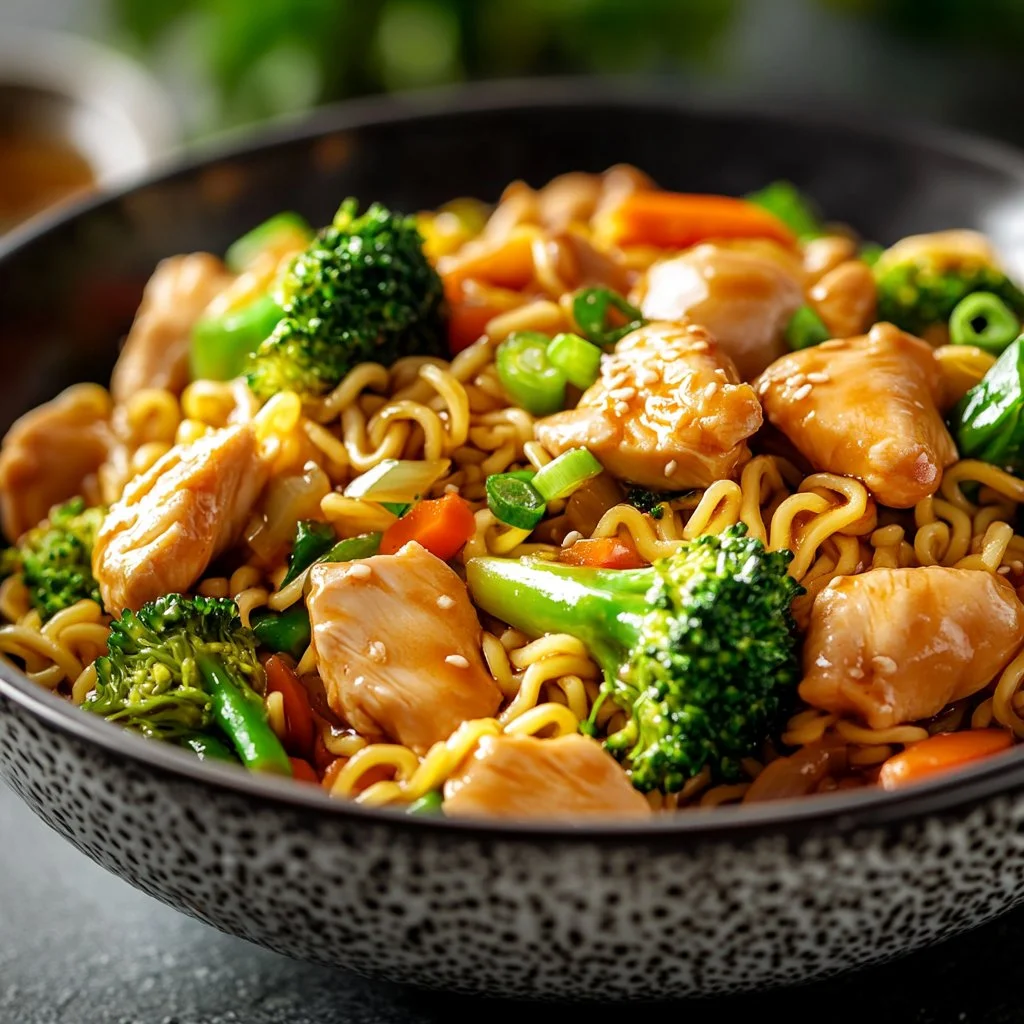 Chicken Ramen stir fry with colorful vegetables and tender chicken