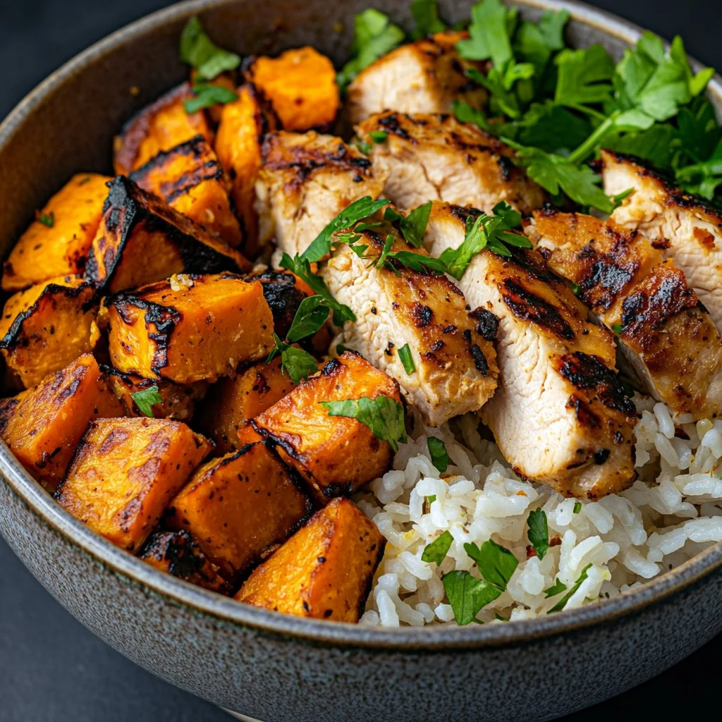 Chicken and Sweet Potato Rice Bowl with colorful vegetables and rice