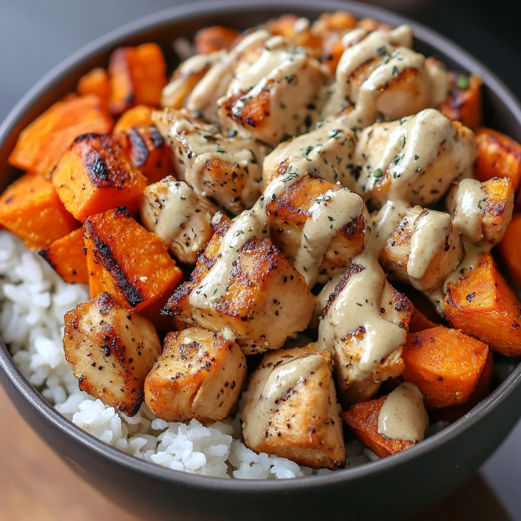 Chicken and Sweet Potato Rice Bowl with fresh vegetables and savory sauce