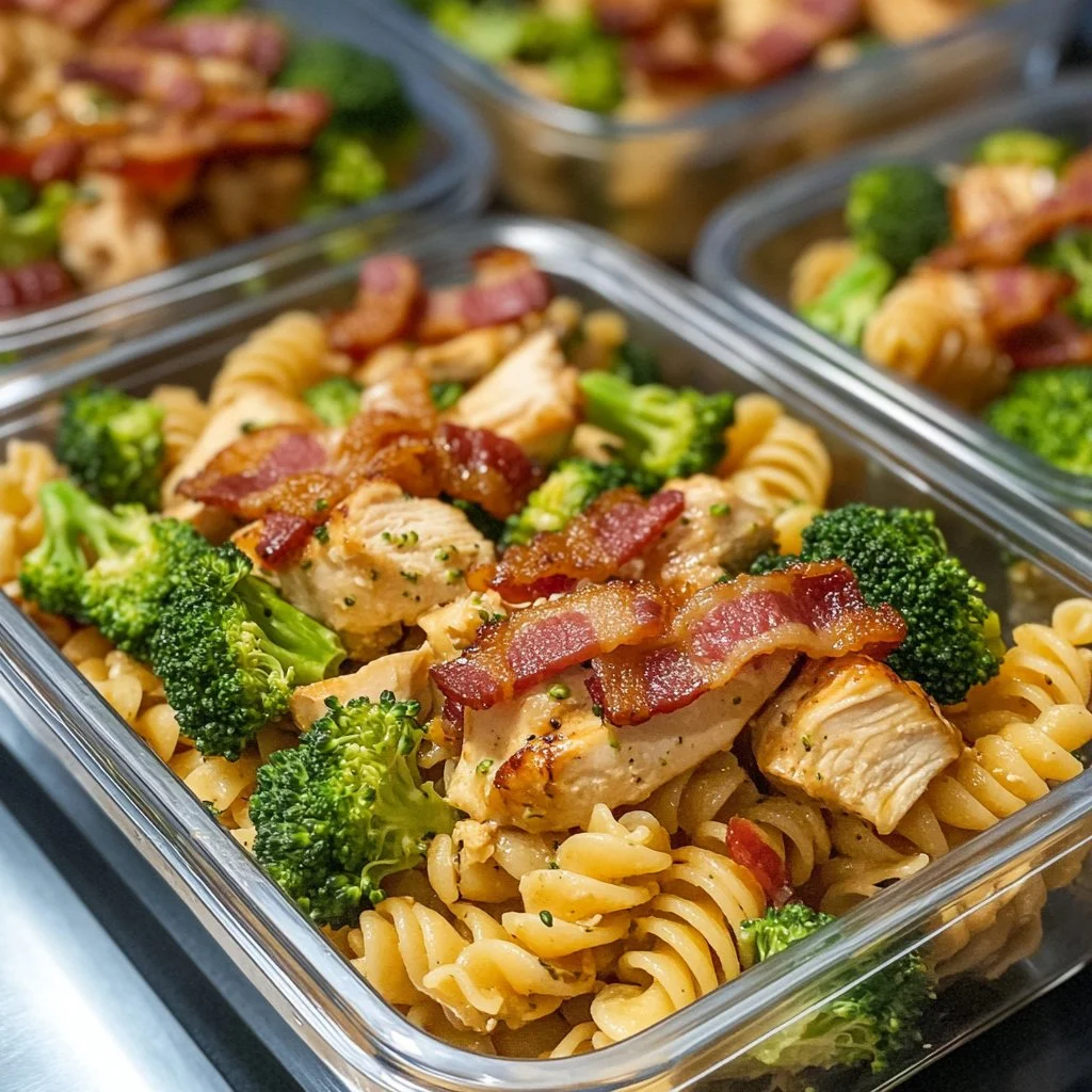 Chicken Bacon Ranch Pasta meal prep dish with creamy sauce and crispy bacon