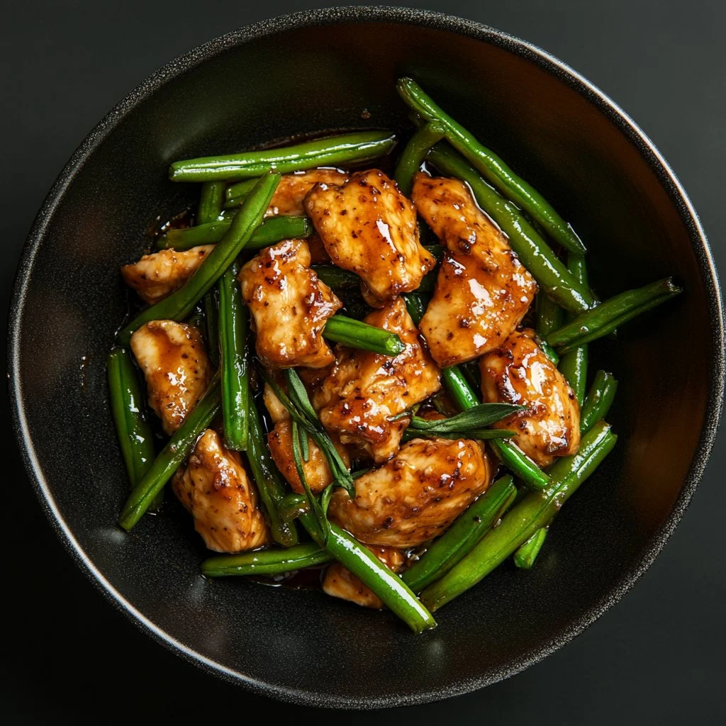 Healthy chicken breast served with fresh green beans on a plate