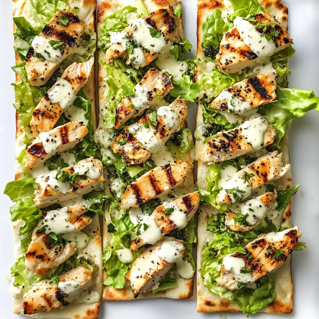 Chicken Caesar Flatbread topped with romaine and dressing