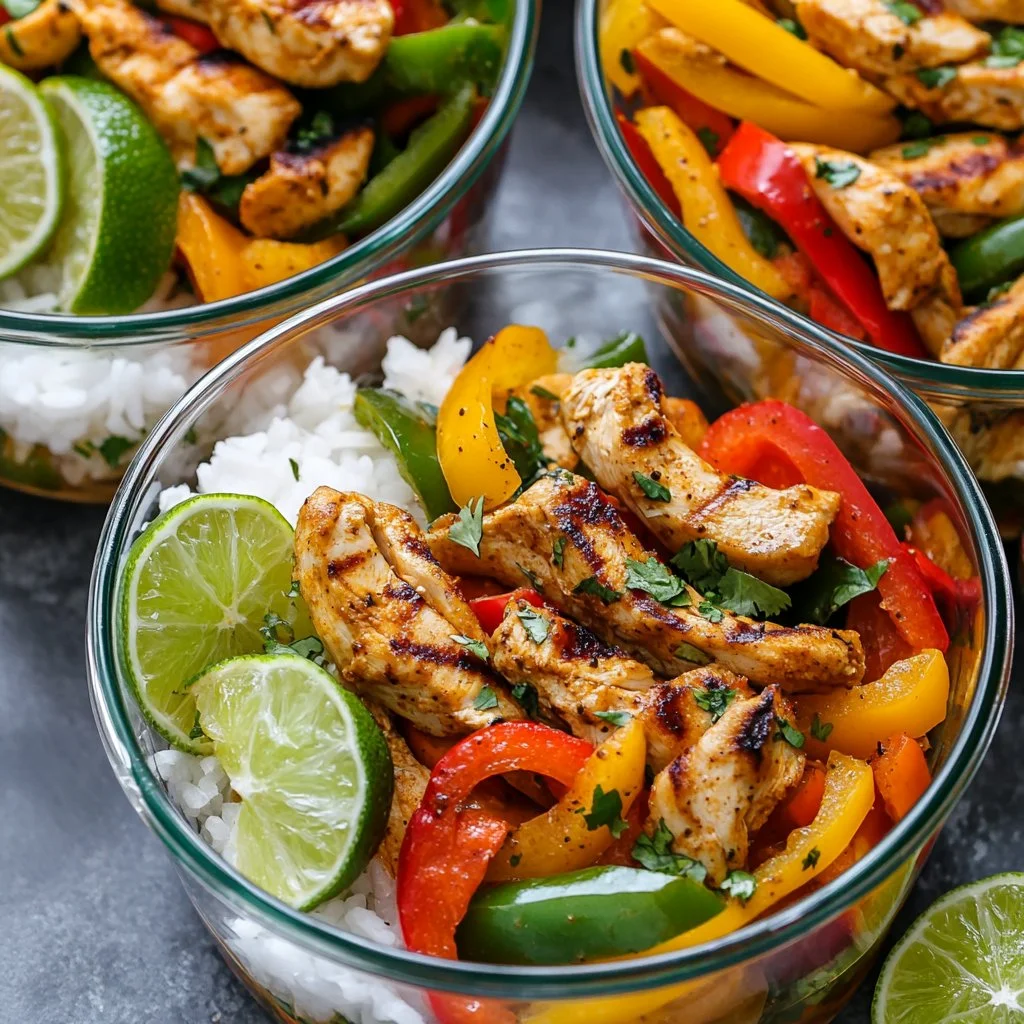 Chicken fajita meal prep bowls with colorful vegetables and spices