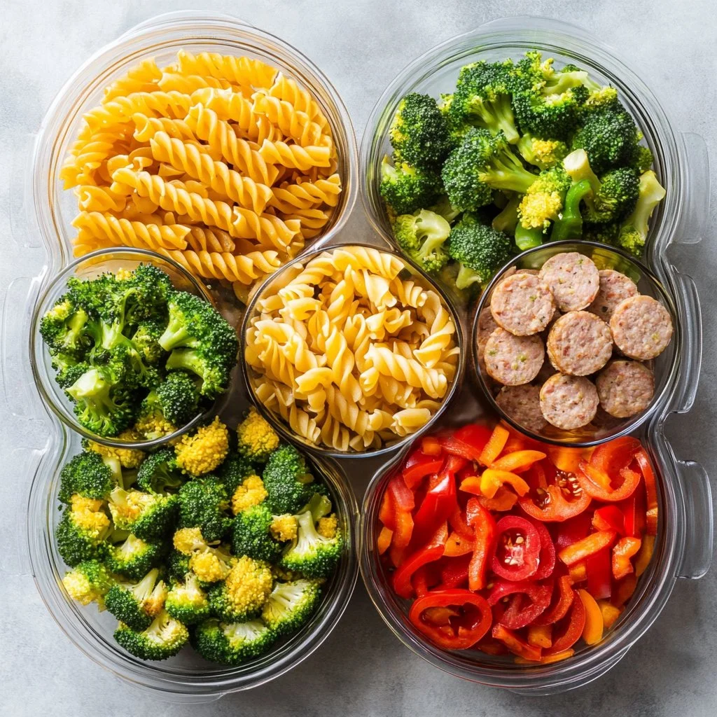 Delicious Chicken Sausage Pasta Meal Prep Bowl with fresh ingredients.
