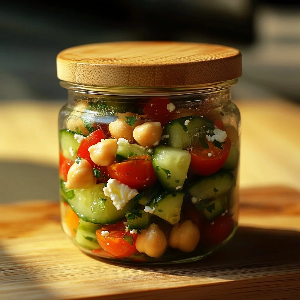 Bowl of vibrant Chickpea Cucumber Salad with fresh vegetables and herbs