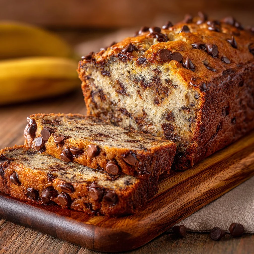 Sliced Chocolate Chip Banana Bread on a wooden cutting board