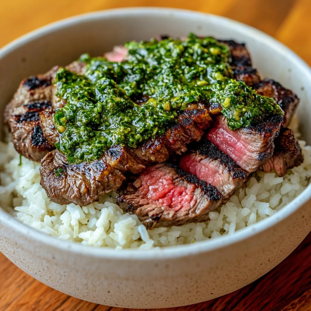 Cilantro Lime Steak and Rice Bowls topped with fresh cilantro and lime.