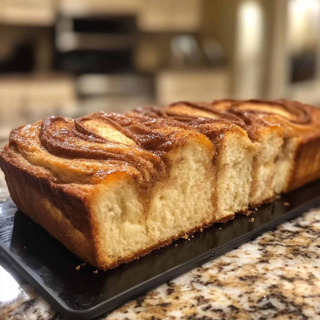 Freshly baked cinnamon bread with a golden crust and cinnamon swirl