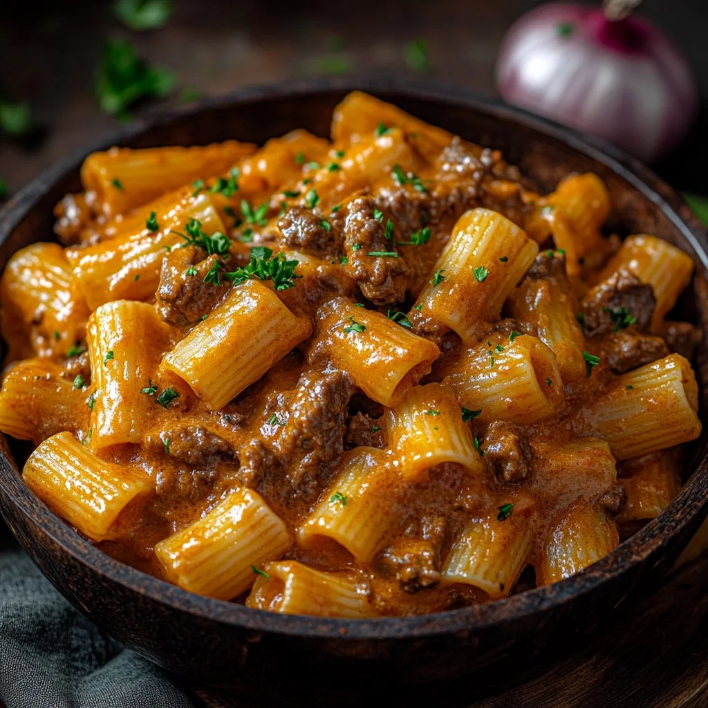 Bowl of creamy beef pasta topped with herbs and cheese
