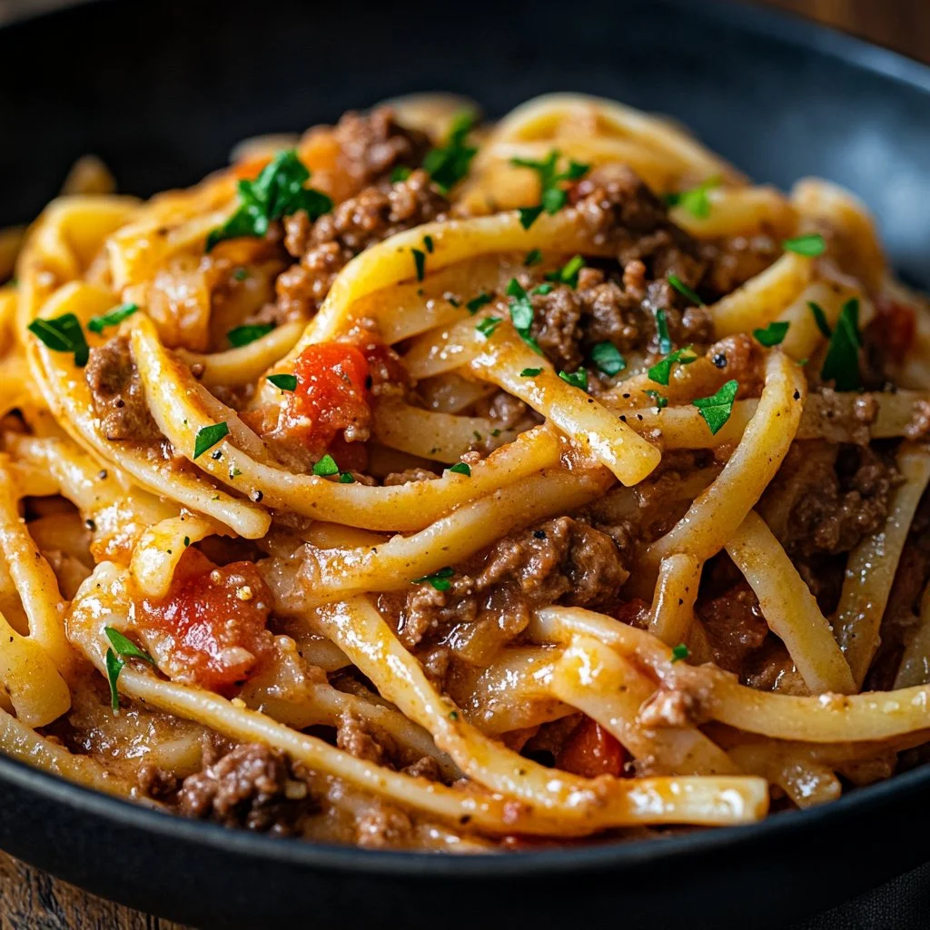 Creamy beef pasta served in a bowl with fresh parsley and grated cheese