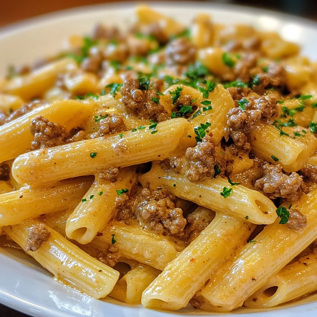 Creamy cheesy penne pasta with garlic butter ground beef