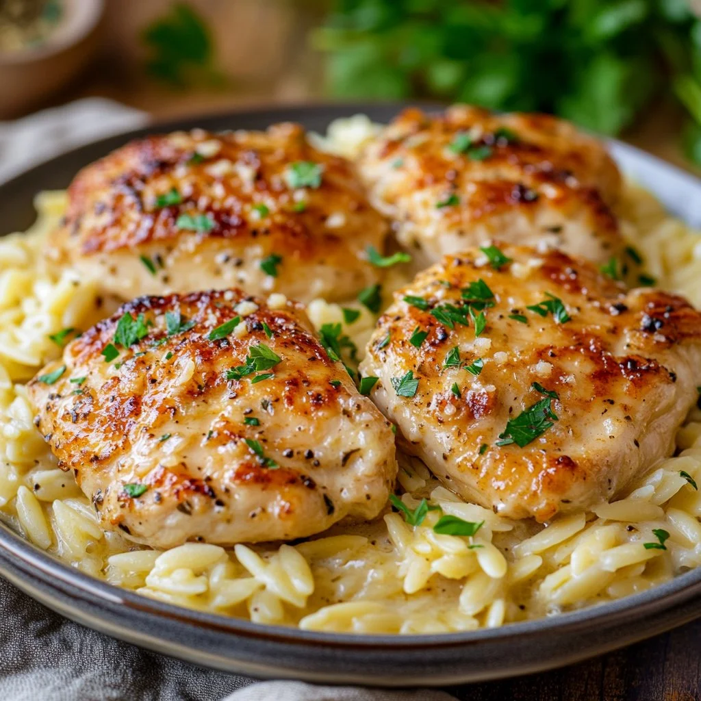 Creamy Parmesan Chicken served with orzo pasta in a white plate