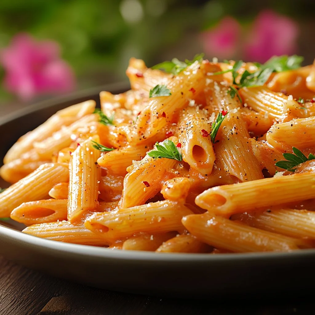 A bowl of creamy penne pasta garnished with herbs and cheese