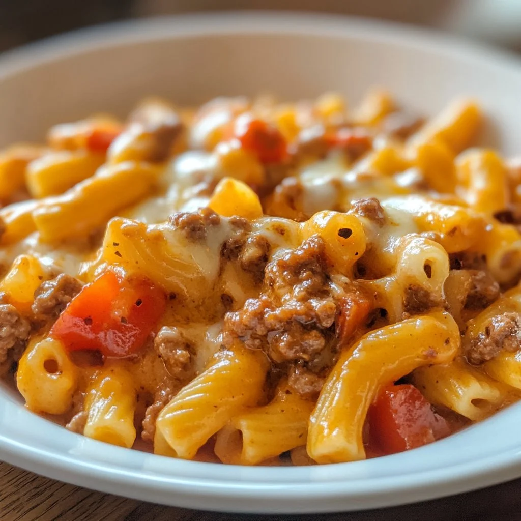 Creamy Rotel pasta dish with ground beef served in a bowl