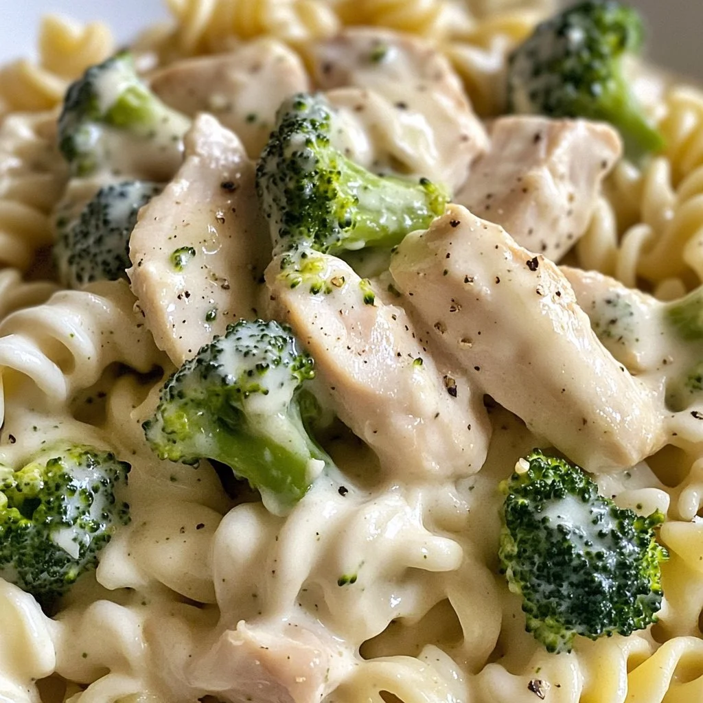 Creamy rotisserie chicken and broccoli pasta dish garnished with fresh herbs