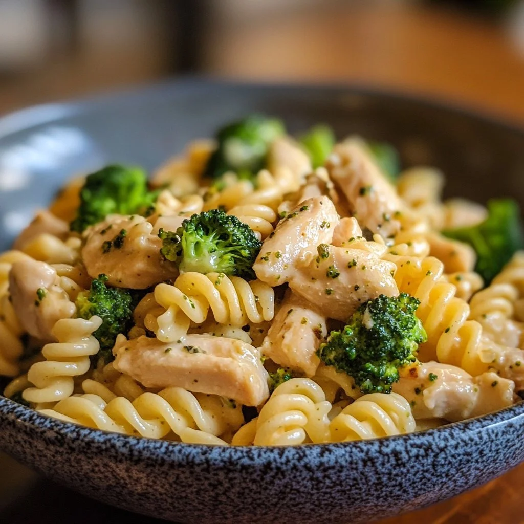 Creamy rotisserie chicken broccoli pasta served in a bowl