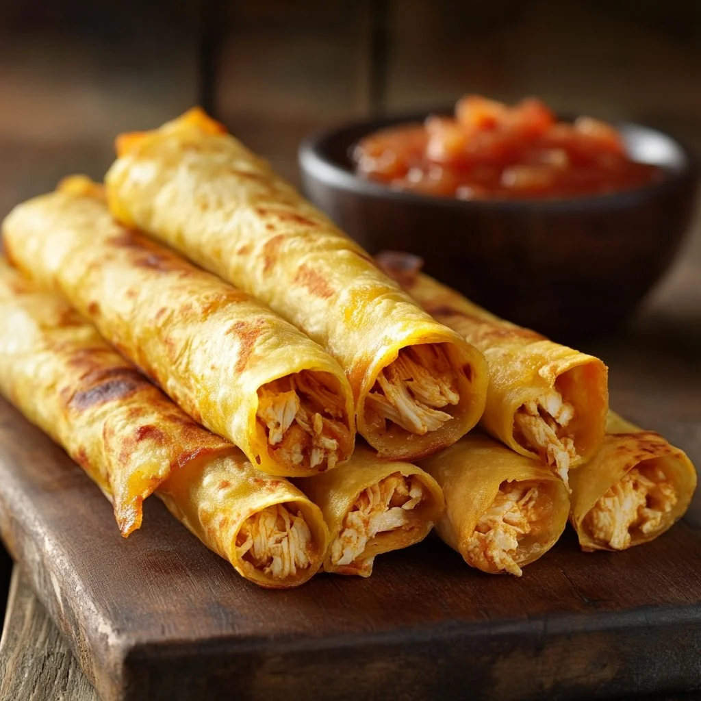 Plate of crispy chicken taquitos served with salsa and guacamole