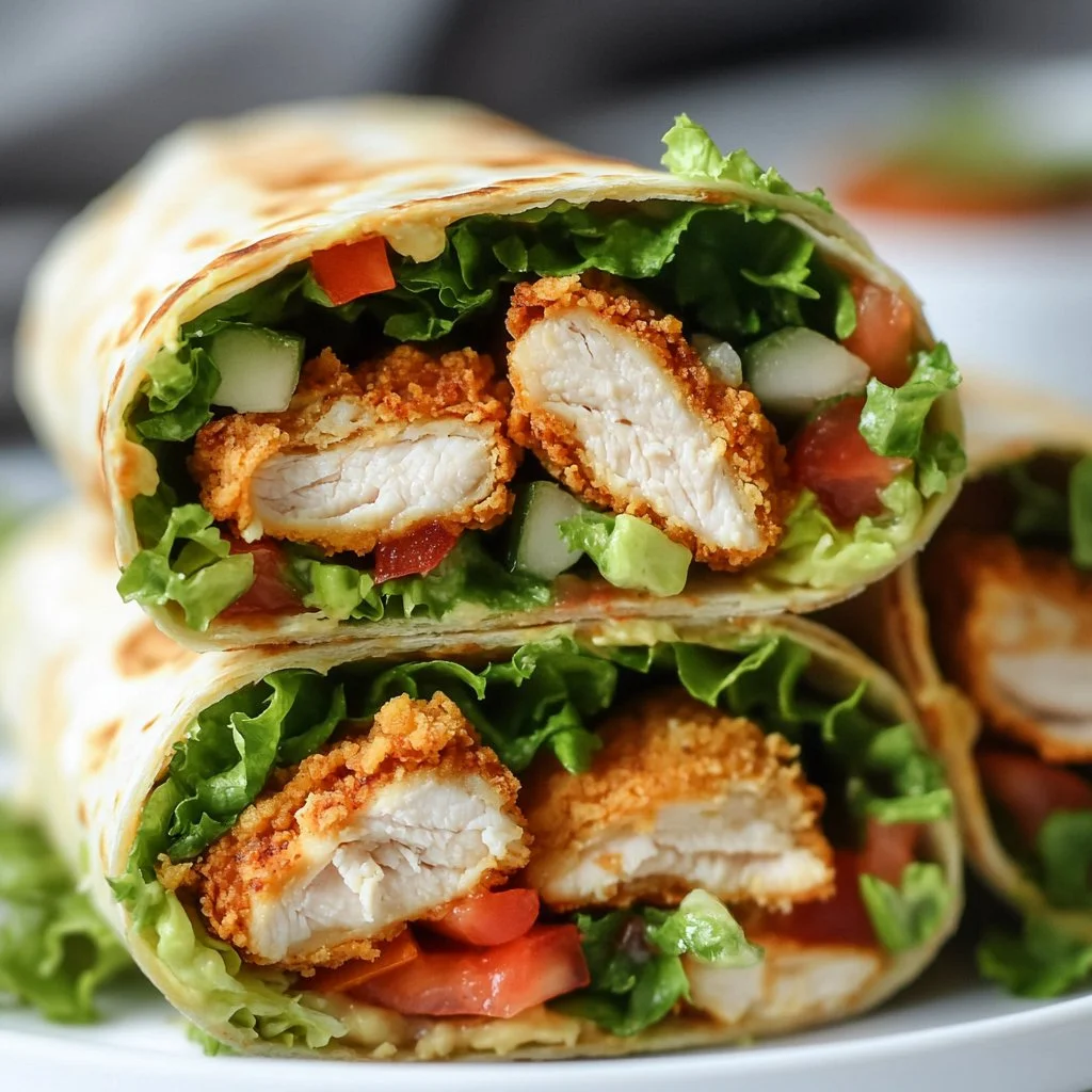 Crispy Chicken Wrap with fresh vegetables and sauce, served on a wooden plate