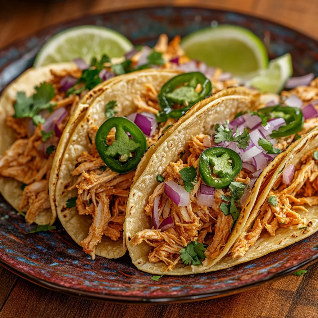 Delicious crockpot chicken tacos garnished with fresh toppings