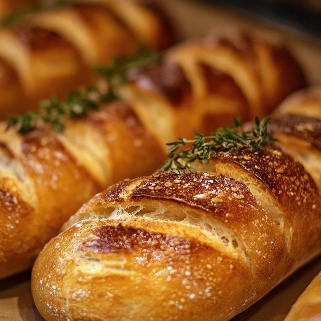 Freshly baked crusty Italian bread loaf on a wooden cutting board.