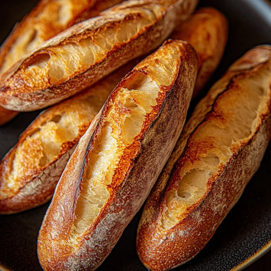 Freshly baked crusty mini baguettes cooling on a wire rack