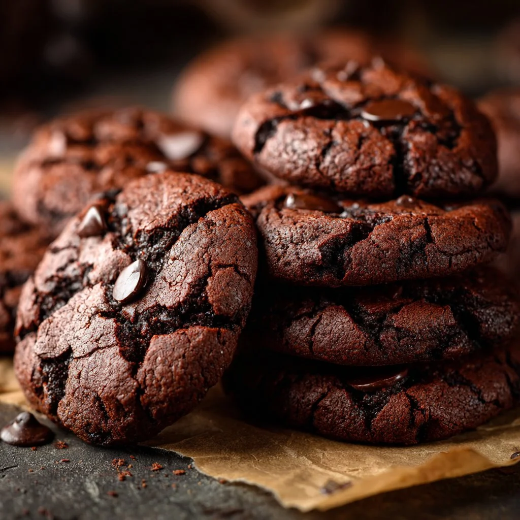 Delicious double chocolate chip cookies on a cooling rack