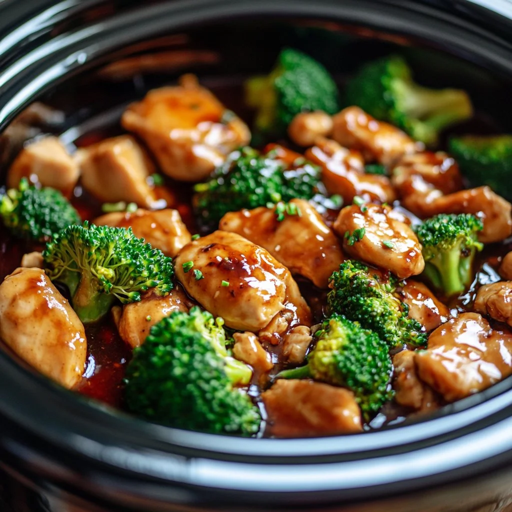 Slow-cooked teriyaki chicken garnished with green onions in a crockpot