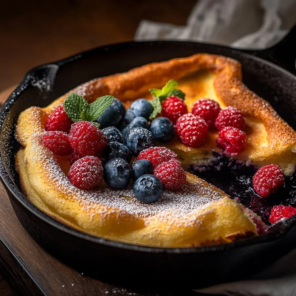 Fluffy Dutch Baby Pancake served in a skillet with fresh fruit on top.