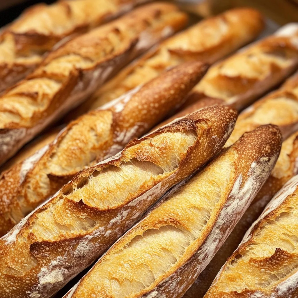 Homemade baguette fresh out of the oven, golden crust and soft interior.