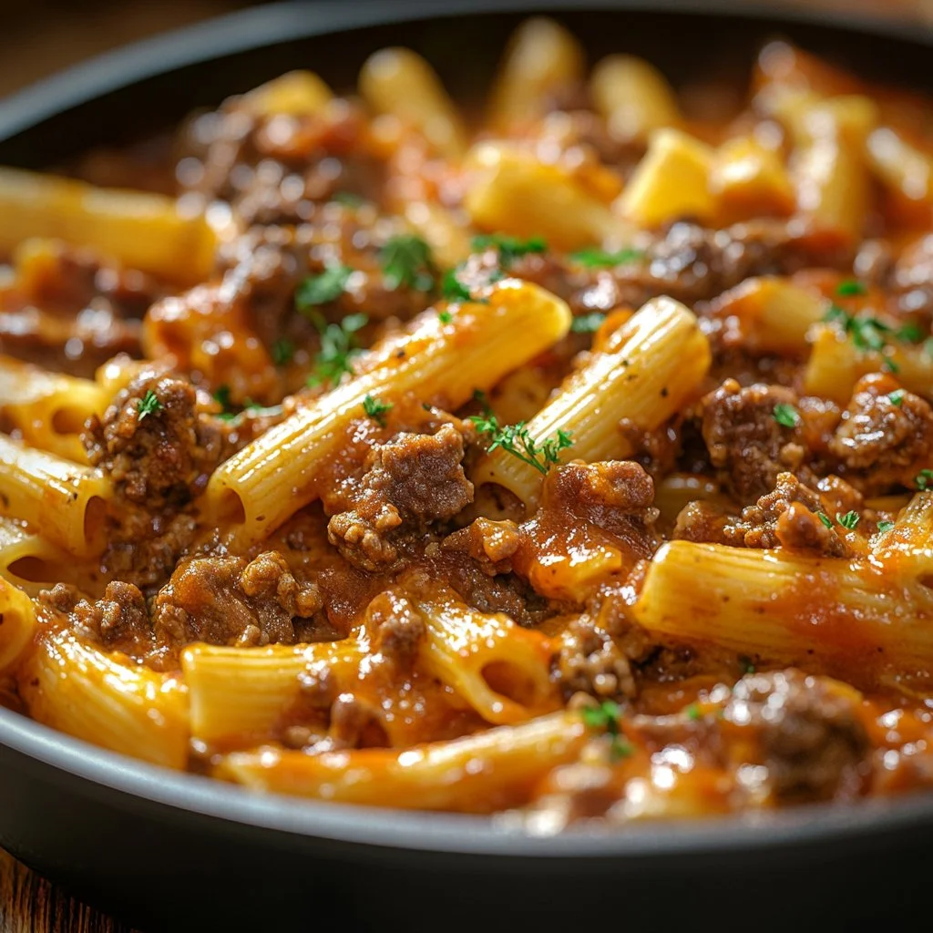 Creamy easy cheesy beef penne noodles served in a bowl with fresh herbs