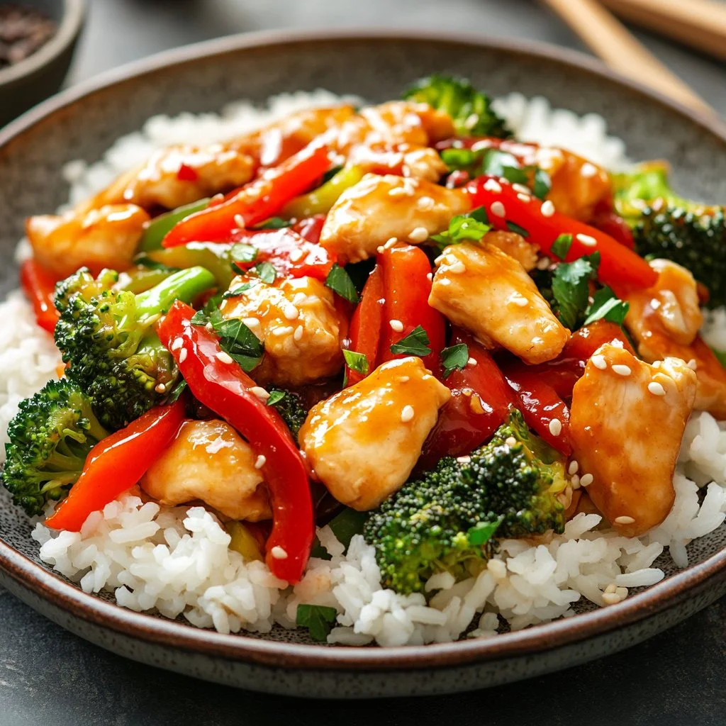 Delicious and colorful easy chicken stir fry with vegetables on a plate