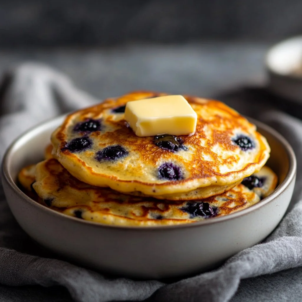 Fluffiest blueberry pancakes stacked high on a plate with syrup