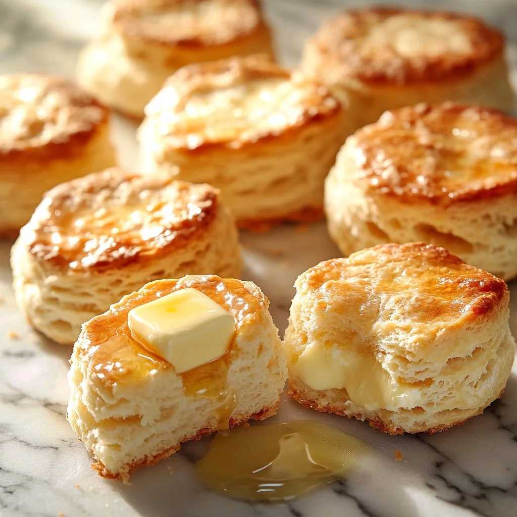 Fluffy homemade biscuits baked to golden perfection, served warm.