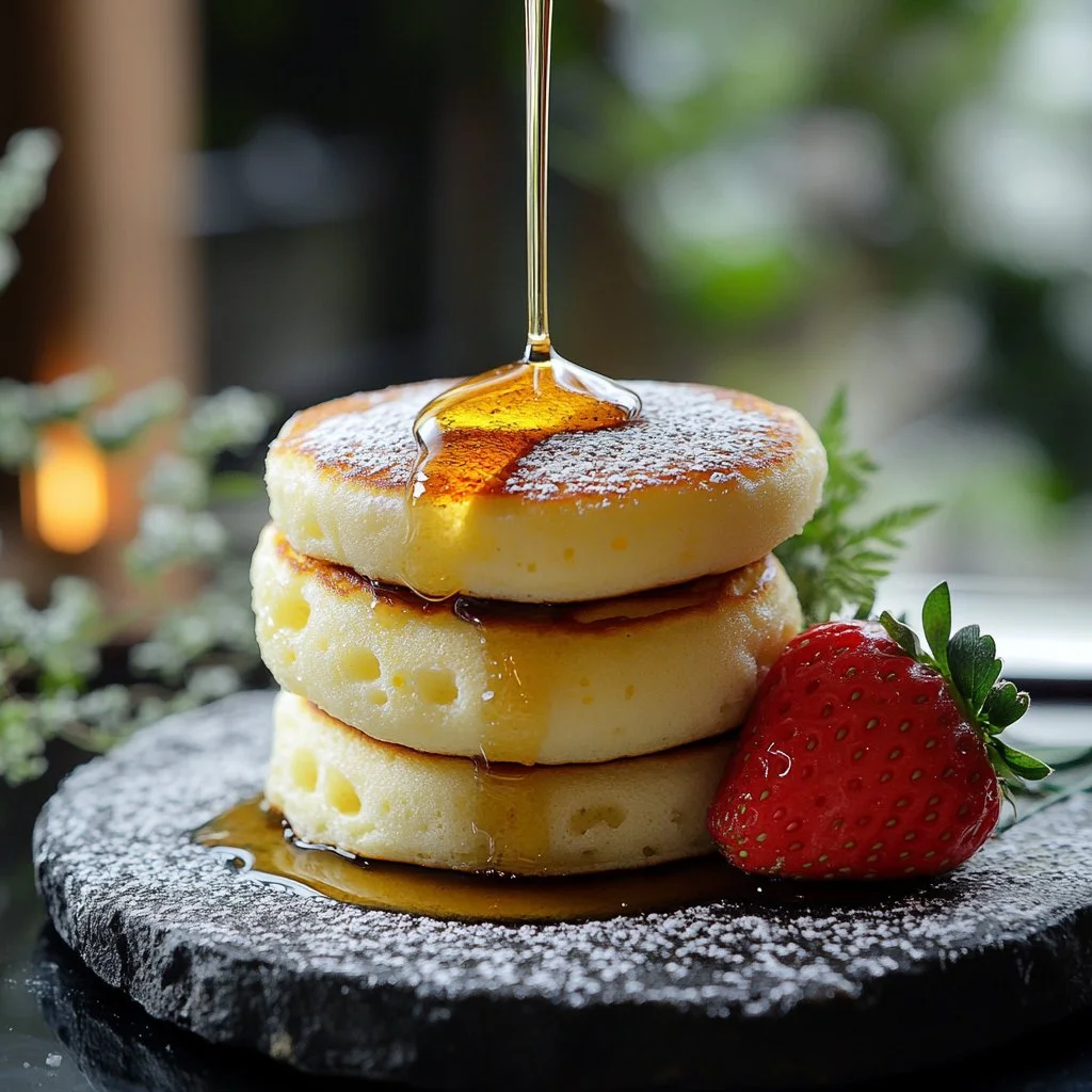 Fluffy Japanese soufflé pancakes topped with syrup and fruit