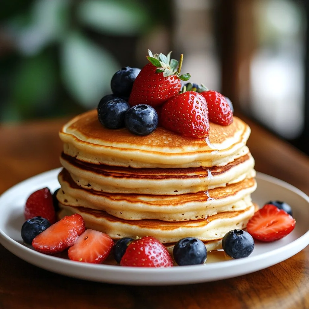 Stack of fluffy pancakes with syrup and berries on a plate