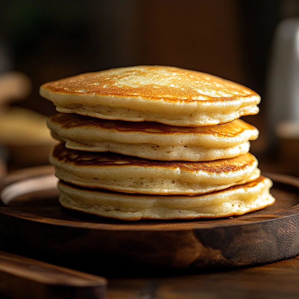 Fluffy sourdough pancakes served with syrup and berries