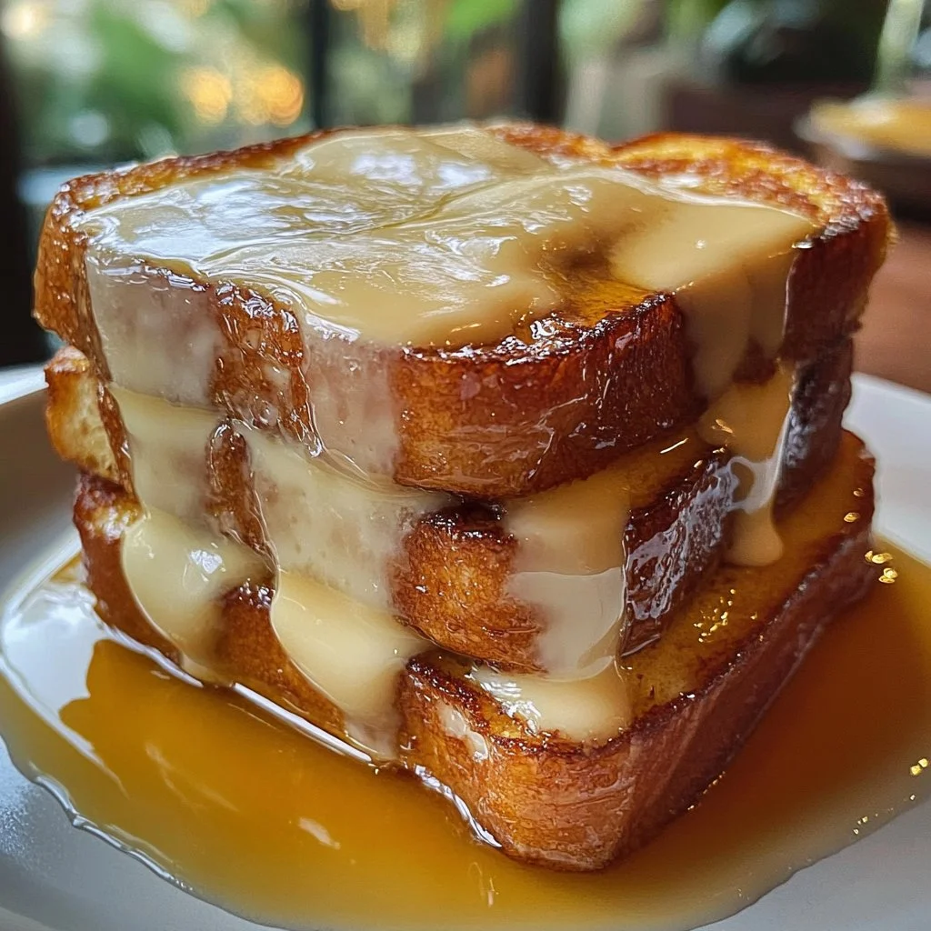 French toast drizzled with cream cheese icing on a plate